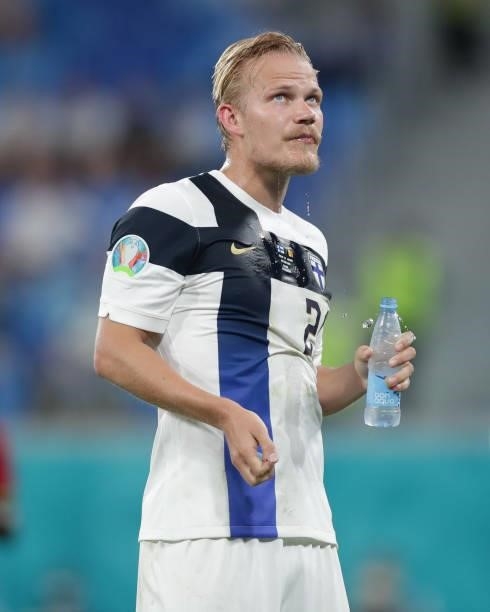 Paulus Arajuuri of Finland drinks water during the UEFA Euro 2020 Championship Group B match between Finland and Belgium at Saint Petersburg Stadium...