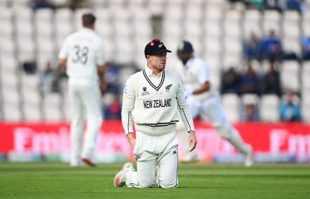 Henry Nicholls of New Zealand looks on during Day 5 of the ICC World Test Championship Final between India and New Zealand at The Hampshire Bowl on...