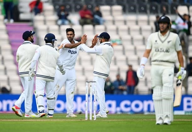 Ravichandran Ashwin of India celebrates taking the wicket of Neil Wagner during Day 5 of the ICC World Test Championship Final between India and New...