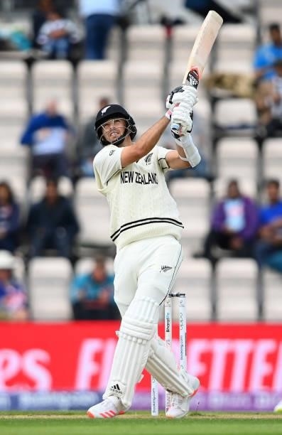 Tim Southee of New Zealand hits out during Day 5 of the ICC World Test Championship Final between India and New Zealand at The Hampshire Bowl on June...