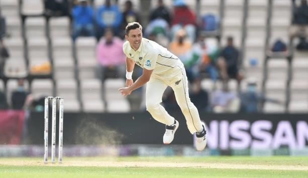 Trent Boult of New Zealand runs into bowl during Day 5 of the ICC World Test Championship Final between India and New Zealand at The Hampshire Bowl...