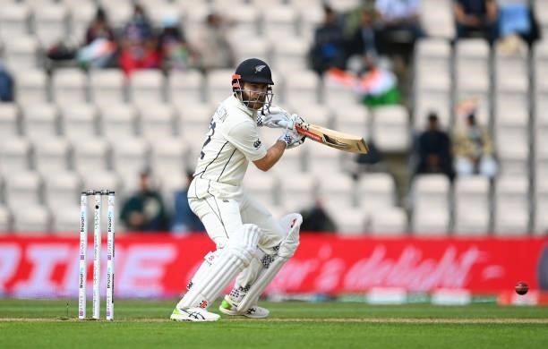 Kane Williamson of New Zealand hits runs during Day 5 of the ICC World Test Championship Final between India and New Zealand at The Hampshire Bowl on...