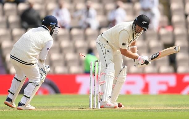 Tim Southee of New Zealand is bowled during Day 5 of the ICC World Test Championship Final between India and New Zealand at The Hampshire Bowl on...