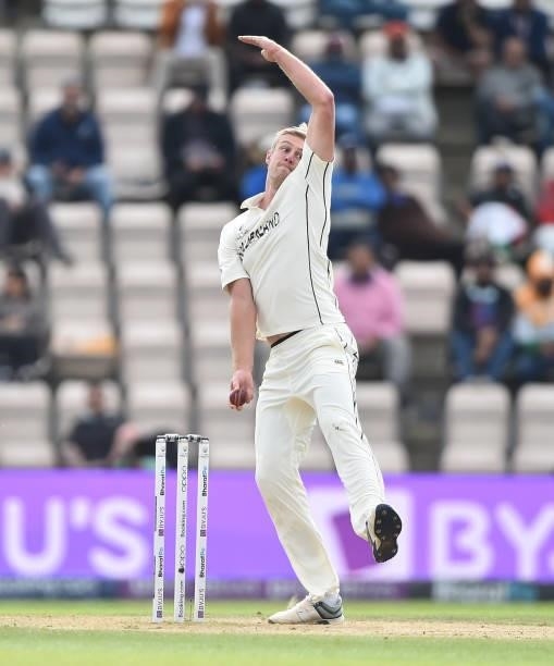 Kyle Jamieson of New Zealand runs into bowl during Day 5 of the ICC World Test Championship Final between India and New Zealand at The Hampshire Bowl...