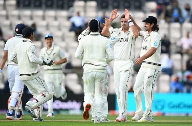 Tim Southee of New Zealand celebrates taking the wicket of Shubman Gill of India during Day 5 of the ICC World Test Championship Final between India...