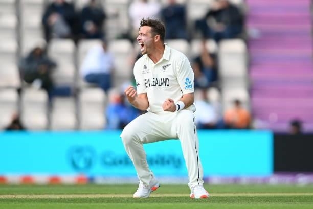 Tim Southee of New Zealand celebrates taking the wicket of Shubman Gill of India during Day 5 of the ICC World Test Championship Final between India...