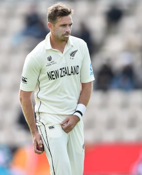 Tim Southee of New Zealand looks on during Day 5 of the ICC World Test Championship Final between India and New Zealand at The Hampshire Bowl on June...