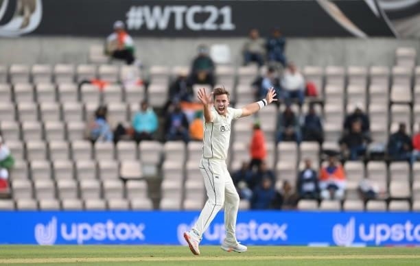 Tim Southee of New Zealand appeals and dismisses Shubman Gill of India lbw during Day 5 of the ICC World Test Championship Final between India and...