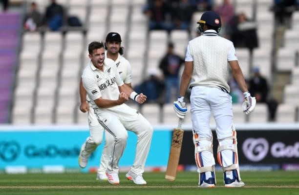 Tim Southee of New Zealand celebrates dismissing Shubman Gill of India during Day 5 of the ICC World Test Championship Final between India and New...