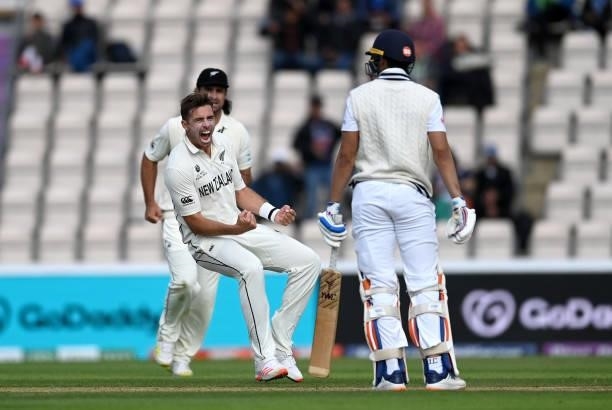 Tim Southee of New Zealand celebrates dismissing Shubman Gill of India during Day 5 of the ICC World Test Championship Final between India and New...