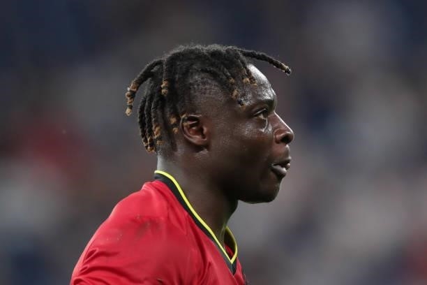 Jeremy Doku of Belgium in action during the UEFA Euro 2020 Championship Group B match between Finland and Belgium at Saint Petersburg Stadium on June...