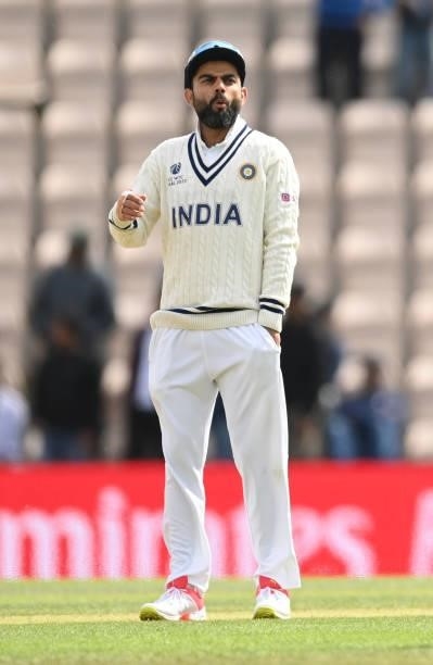Virat Kohli of India reacts during Day 5 of the ICC World Test Championship Final between India and New Zealand at The Hampshire Bowl on June 22,...