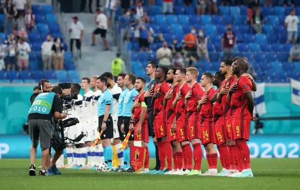 Belgian players line-up during the UEFA Euro 2020 Championship Group B match between Finland and Belgium at Saint Petersburg Stadium on June 21, 2021...