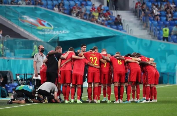 Belgian players during the UEFA Euro 2020 Championship Group B match between Finland and Belgium at Saint Petersburg Stadium on June 21, 2021 in...