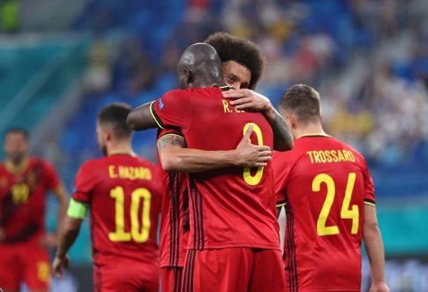 Romelu Lukaku of Belgium celebrates with Axel Witsel of Belgium after scoring a canceled goal during the UEFA Euro 2020 Championship Group B match...