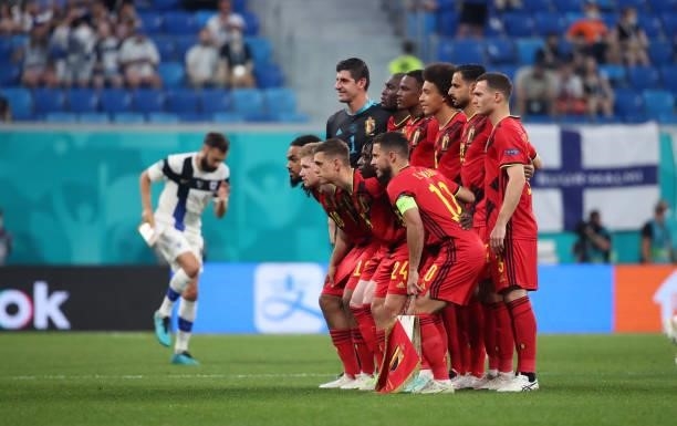 Belgian players pose for a team photo during the UEFA Euro 2020 Championship Group B match between Finland and Belgium at Saint Petersburg Stadium on...