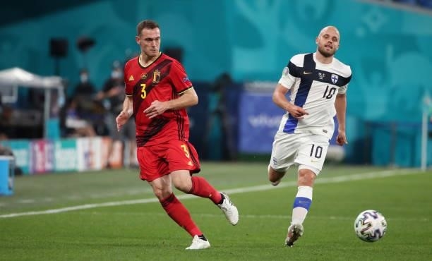 Thomas Vermaelen of Belgium battles for the ball with Teemu Pukki of Finland during the UEFA Euro 2020 Championship Group B match between Finland and...