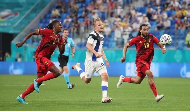 Joel Pohjanpalo of Finland battles for the ball with Dedryck Boyata of Belgium and Jason Denayer of Belgium during the UEFA Euro 2020 Championship...