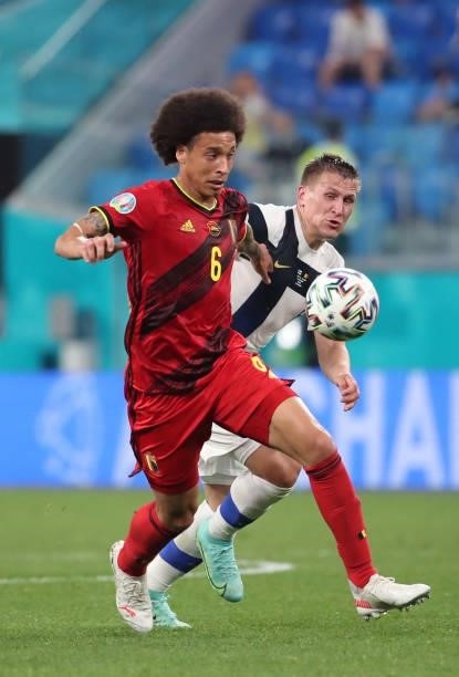 Axel Witsel of Belgium battles for the ball with Robin Lod of Finland during the UEFA Euro 2020 Championship Group B match between Finland and...
