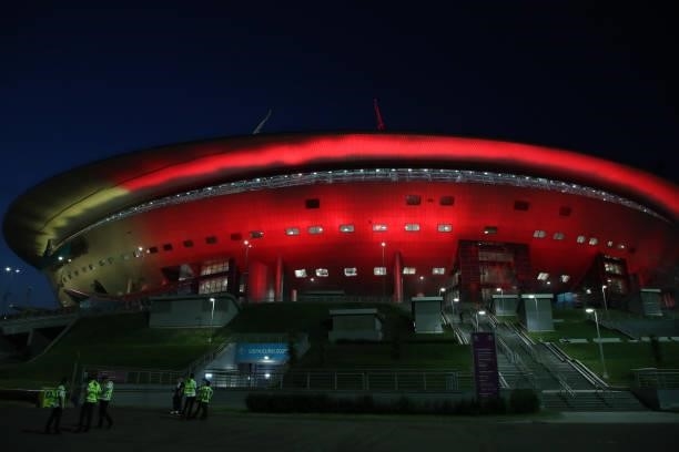 Illustration picture shows the Saint Petersburg Stadium illuminated in the colors of Belgium after the UEFA Euro 2020 Championship Group B match...