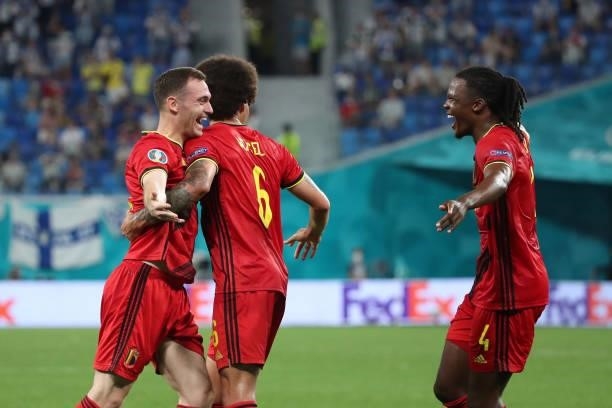 Thomas Vermaelen of Belgium celebrates after scoring the 0-1 goal during the UEFA Euro 2020 Championship Group B match between Finland and Belgium at...
