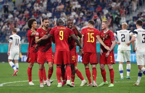 Romelu Lukaku of Belgium celebrates after scoring the 0-2 goal during the UEFA Euro 2020 Championship Group B match between Finland and Belgium at...