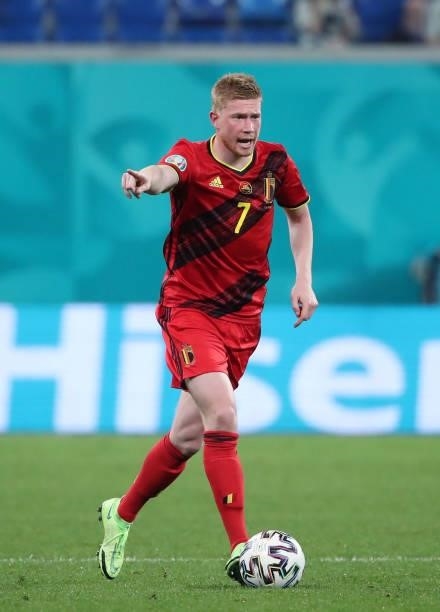 Kevin De Bruyne of Belgium in action with the ball during the UEFA Euro 2020 Championship Group B match between Finland and Belgium at Saint...