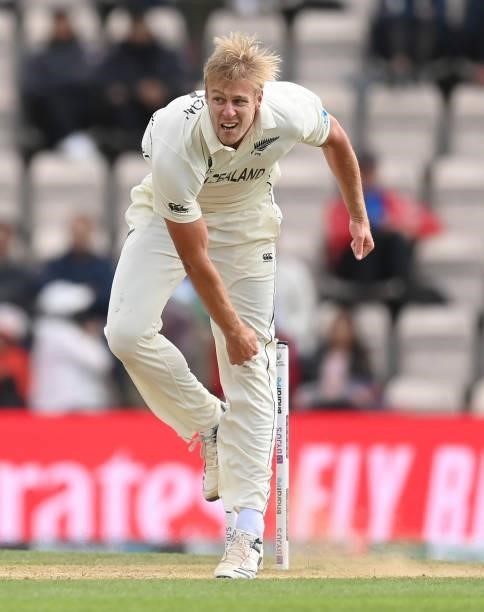 Kyle Jamieson of New Zealand bowls during Day 5 of the ICC World Test Championship Final between India and New Zealand at The Hampshire Bowl on June...