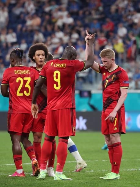 Romelu Lukaku of Belgium celebrates with Kevin De Bruyne of Belgium after scoring the 0-2 goal during the UEFA Euro 2020 Championship Group B match...