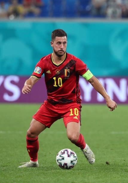 Eden Hazard of Belgium in action with the ball during the UEFA Euro 2020 Championship Group B match between Finland and Belgium at Saint Petersburg...