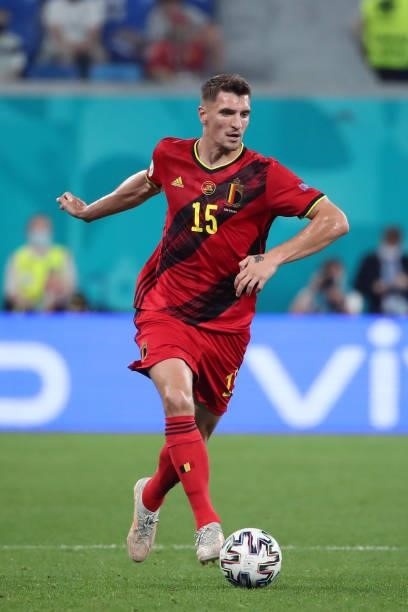 Thomas Meunier of Belgium in action with the ball during the UEFA Euro 2020 Championship Group B match between Finland and Belgium at Saint...