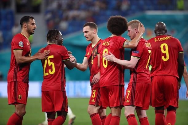 Belgian players celebrates after Thomas Vermaelen of Belgium scored the 0-1 goal during the UEFA Euro 2020 Championship Group B match between Finland...