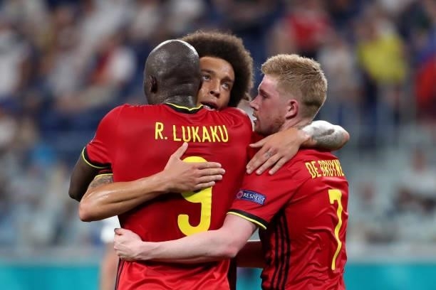Romelu Lukaku of Belgium celebrates with Axel Witsel of Belgium and Kevin De Bruyne of Belgium after scoring the 0-2 goal during the UEFA Euro 2020...