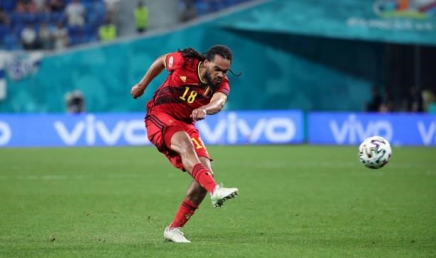 Jason Denayer of Belgium in action with the ball during the UEFA Euro 2020 Championship Group B match between Finland and Belgium at Saint Petersburg...