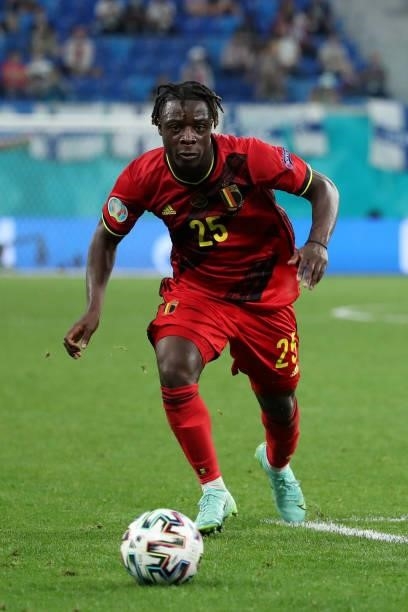 Jeremy Doku of Belgium in action with the ball during the UEFA Euro 2020 Championship Group B match between Finland and Belgium at Saint Petersburg...