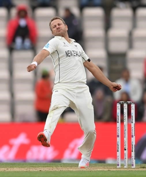 Neil Wagner of New Zealand bowls during Day 5 of the ICC World Test Championship Final between India and New Zealand at The Hampshire Bowl on June...
