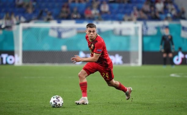 Leandro Trossard of Belgium in action with the ball during the UEFA Euro 2020 Championship Group B match between Finland and Belgium at Saint...