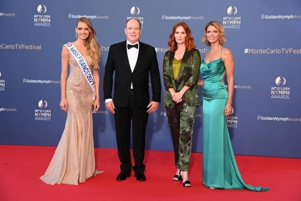 Miss France 2021 Amandine Petit, Prince Albert II of Monaco, Audrey Fleurot and Sylvie Tellier arrive at the closing ceremony of the 60th Monte Carlo...