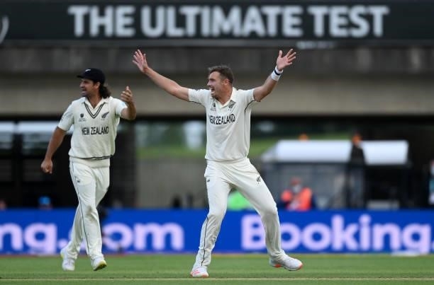 Tim Southee of New Zewaland successfullty appeals for the wicket Rohit Sharma of India during Day 5 of the ICC World Test Championship Final between...
