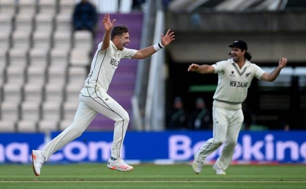 Tim Southee of New Zewaland successfullty appeals for the wicket Rohit Sharma of India during Day 5 of the ICC World Test Championship Final between...
