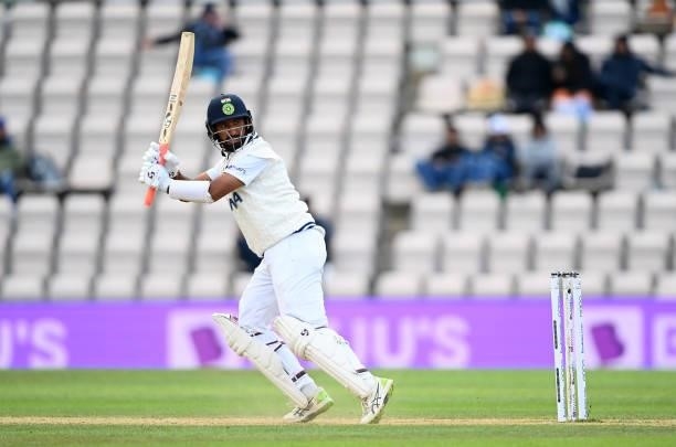 Cheteshwar Pujara of India bats during Day 5 of the ICC World Test Championship Final between India and New Zealand at The Hampshire Bowl on June 22,...