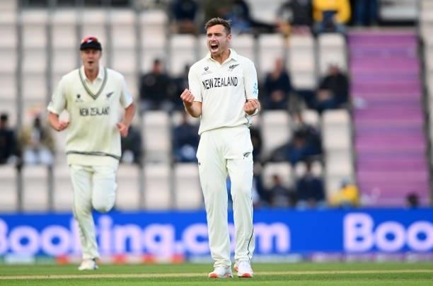 Tim Southee of New Zealand celebrates taking the wicket of Rohit Sharma during Day 5 of the ICC World Test Championship Final between India and New...