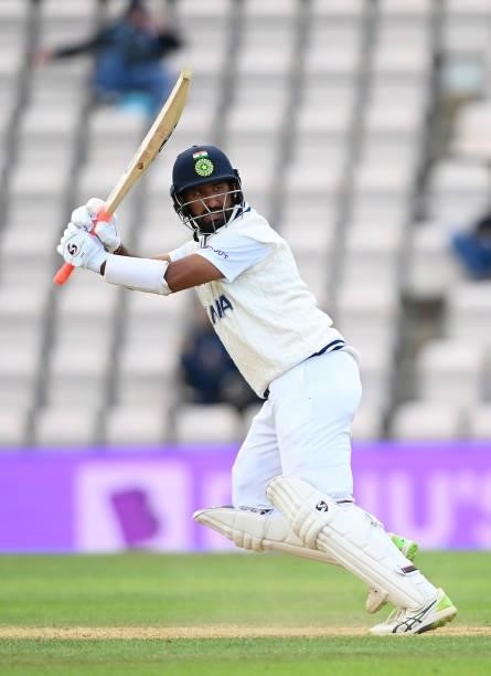 Cheteshwar Pujara of India bats during Day 5 of the ICC World Test Championship Final between India and New Zealand at The Hampshire Bowl on June 22,...