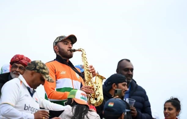 Fan plays a saxophone during Day 5 of the ICC World Test Championship Final between India and New Zealand at The Hampshire Bowl on June 22, 2021 in...