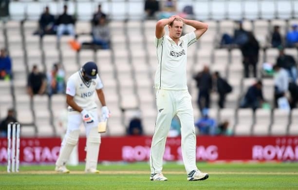 Kyle Jamieson of New Zealand reacts during Day 5 of the ICC World Test Championship Final between India and New Zealand at The Hampshire Bowl on June...
