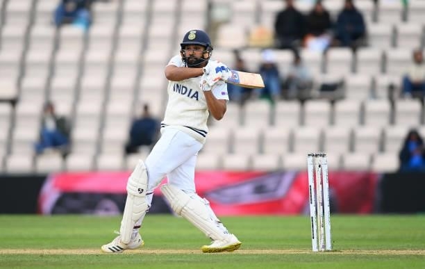 Rohit Sharma of India hits runs during Day 5 of the ICC World Test Championship Final between India and New Zealand at The Hampshire Bowl on June 22,...