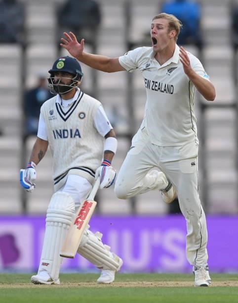 Kyle Jamieson of New Zealand reacts as he bowls past Virat Kohli during Day 5 of the ICC World Test Championship Final between India and New Zealand...