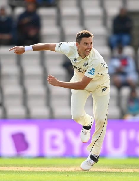 Trent Boult of New Zealand bowls during Day 5 of the ICC World Test Championship Final between India and New Zealand at The Hampshire Bowl on June...