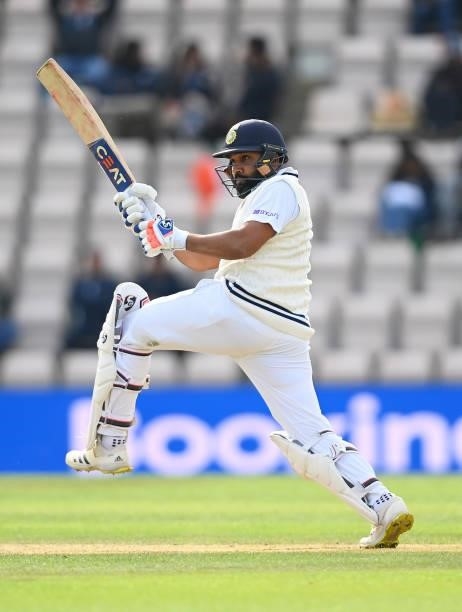 Rohit Sharma of India hits runs during Day 5 of the ICC World Test Championship Final between India and New Zealand at The Hampshire Bowl on June 22,...
