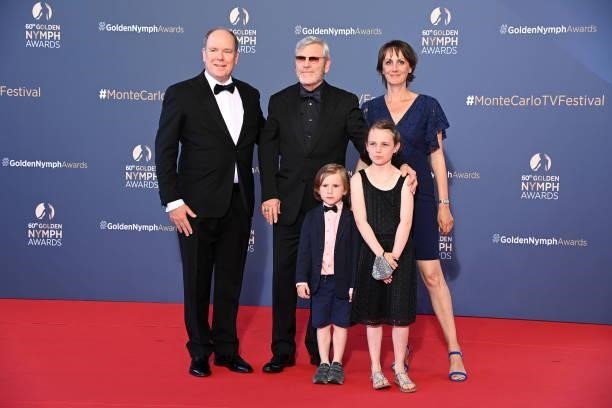 Prince Albert II of Monaco, Tcheky Karyo and Valérie Kéruzoré arrive at the closing ceremony of the 60th Monte Carlo TV Festival on June 22, 2021 in...